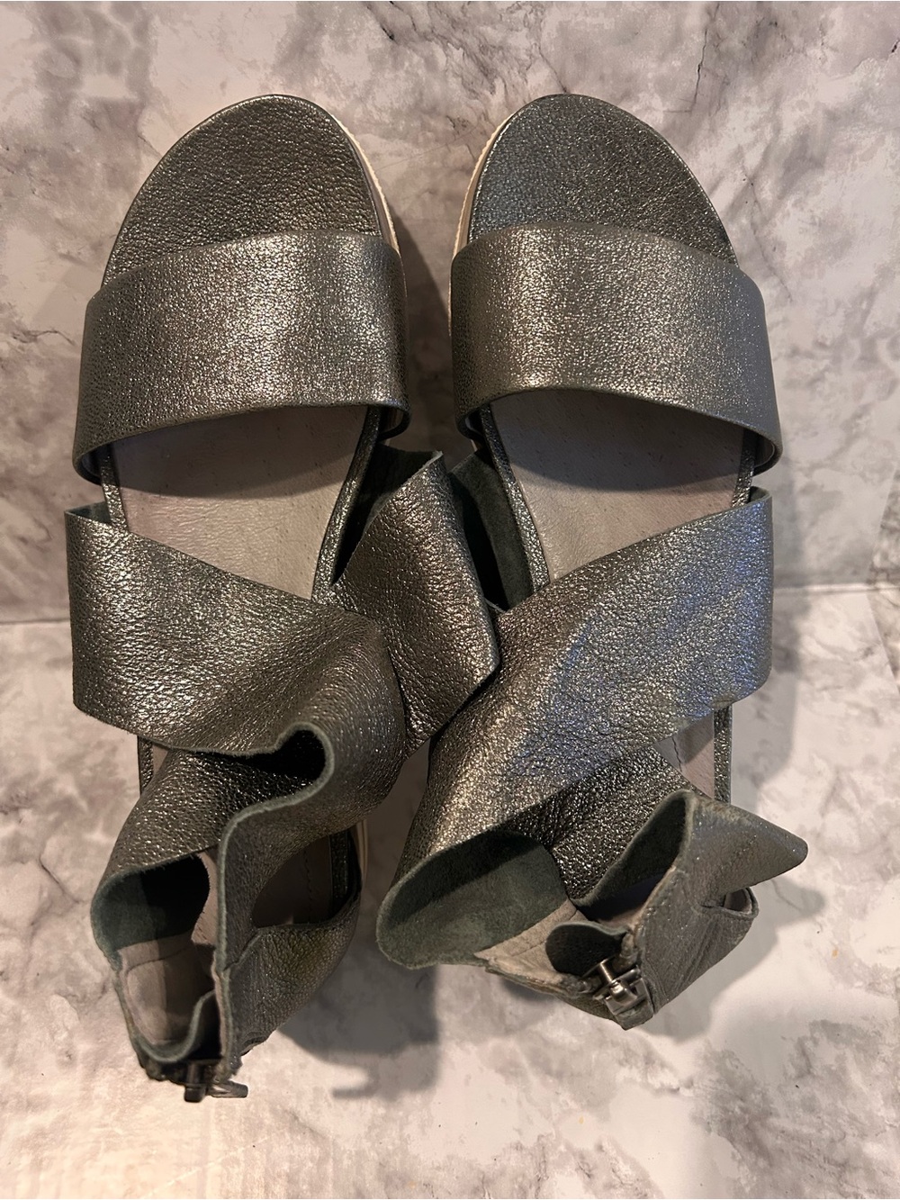 Ellen Fisher Metallic Gray Platform Sandals with Crisscross Straps